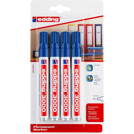 edding 3000 Permanentmarker - blau - 4 Stifte - Rund-Spitze 1,5-3 mm - schnell trocknender Permanent Marker - wasserfest, wischfest - für Karton, Kunststoff, Holz, Metall - Universalmarker