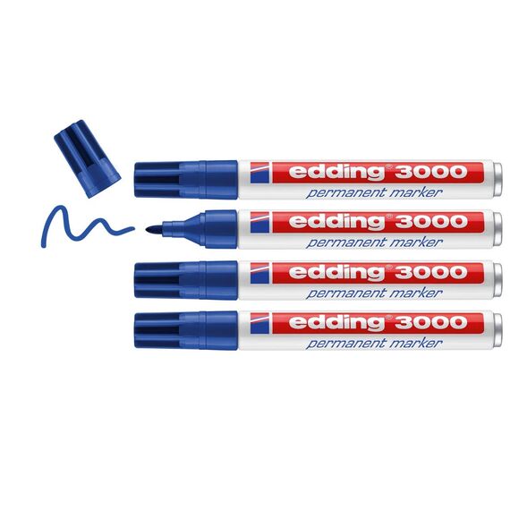 edding 3000 Permanentmarker - blau - 4 Stifte - Rund-Spitze 1,5-3 mm - schnell trocknender Permanent Marker - wasserfest, wischfest - für Karton, Kunststoff, Holz, Metall - Universalmarker