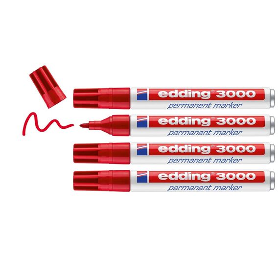 edding 3000 Permanentmarker - rot - 4 Stifte - Rund-Spitze 1,5-3 mm - schnell trocknender Permanent Marker - wasserfest, wischfest - für Karton, Kunststoff, Holz, Metall - Universalmarker