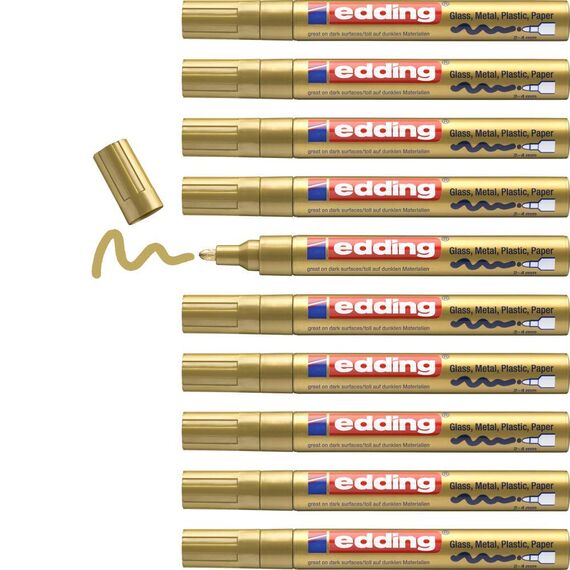 edding 750 Glanzlackmarker - gold - 10 Lackmarker - Rundspitze 2-4 mm - Lackstift für Glas, Stein, Holz, Kunststoff und Papier - wasserfest, stark deckend