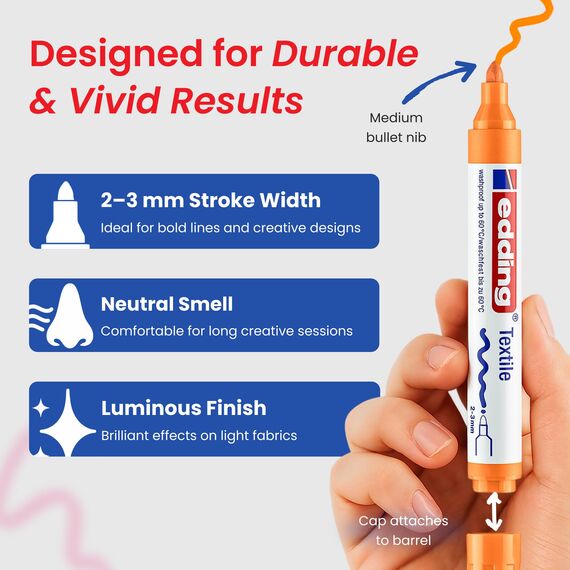 edding 4500 Textilmarker - neon-orange - 10 Stück - Rundspitze 2-3 mm - Textilstifte waschmaschinenfest (60 °C) zum Stoff bemalen - Stoffmalstift