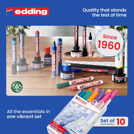 edding 4500 Textilmarker - 10 Farben im Set (Trend) - Rundspitze 2-3 mm - Textilstifte waschmaschinenfest (60 °C) zum Stoff bemalen - Stoffmalstift