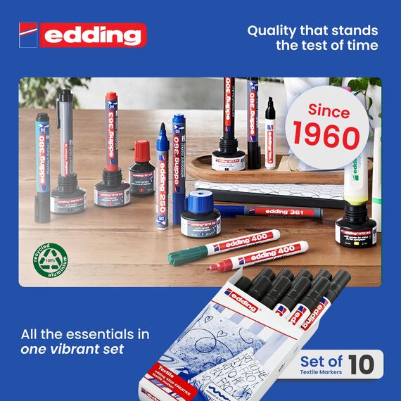 edding 4500 Textilmarker - schwarz - 10 Stück - Rundspitze 2-3 mm - Textilstifte waschmaschinenfest (60 °C) zum Stoff bemalen - Stoffmalstift