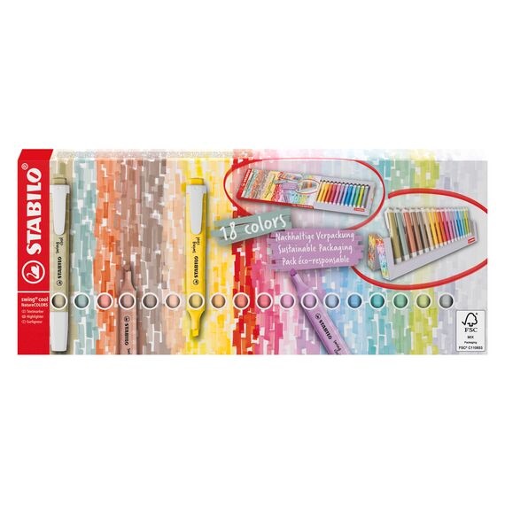 STABILO - Textmarker - swing cool - 18er Tischset - 8 Naturfarben & 10 Pastellfarben
