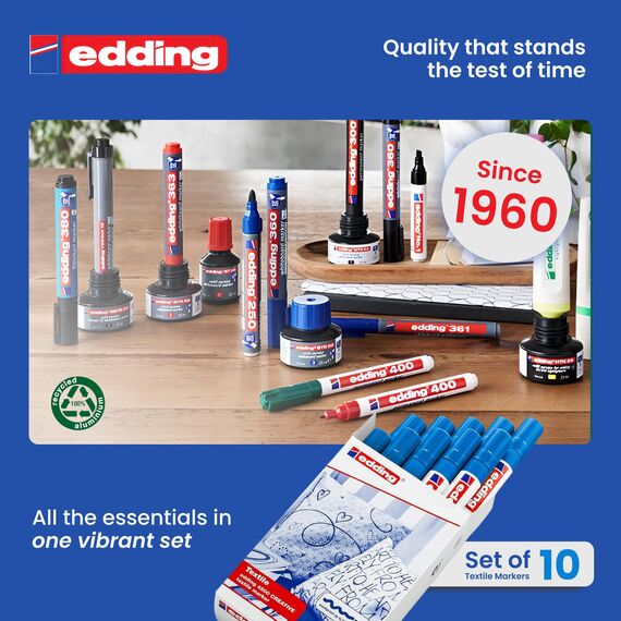 edding 4500 Textilmarker - hell-blau - 10 Stück - Rundspitze 2-3 mm - Textilstifte waschmaschinenfest (60 °C) zum Stoff bemalen - Stoffmalstift