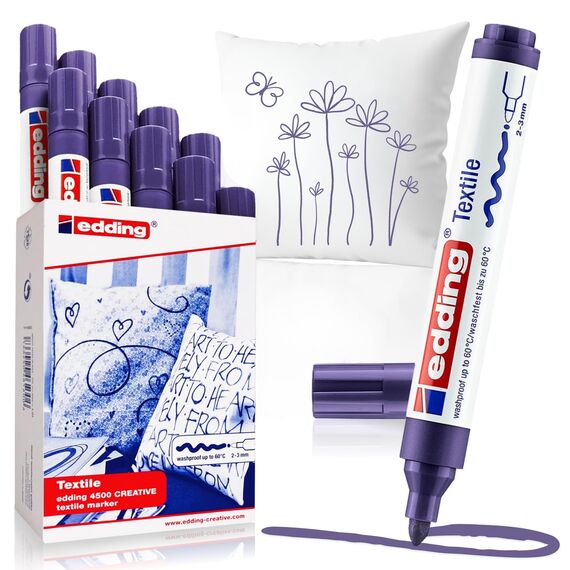 edding 4500 Textilmarker - violett - 10 Stück - Rundspitze 2-3 mm - Textilstifte waschmaschinenfest (60 °C) zum Stoff bemalen - Stoffmalstift
