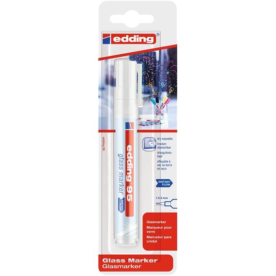 edding 95 Glasmarker - weiß - 1 Stift - Rundspitze 1,5-3 mm - zum Schreiben und Markieren auf Glasoberflächen wie Fenster, Glasboards, Whiteboards - trocken abwischbar