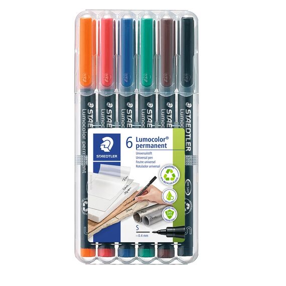 STAEDTLER permanent Marker Lumocolor, Superfein, ca. 0,4 mm, wisch- und wasserfest, Made in Germany, nachfüllbar, lange Lebensdauer, 6 Universalstifte in sortierten Farben, 313 WP6