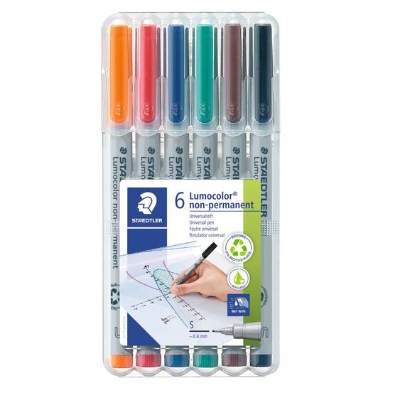 STAEDTLER Universalstift Lumocolor non-permanent, feucht abwischbar, für fast alle Oberflächen, Linienbreite ca. 0,4 mm, 6 Folienstifte in sortierten Farben, 311 WP6
