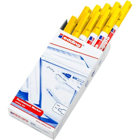 edding 400 Permanentmarker - gelb - 10 Stifte - feine Rundspitze 1 mm - wasserfest, schnell-trocknend - wischfest - für Karton, Kunststoff, Holz, Metall, Glas