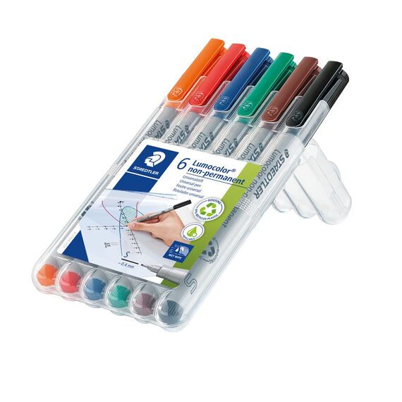 STAEDTLER Universalstift Lumocolor non-permanent, feucht abwischbar, für fast alle Oberflächen, Linienbreite ca. 0,4 mm, 6 Folienstifte in sortierten Farben, 311 WP6