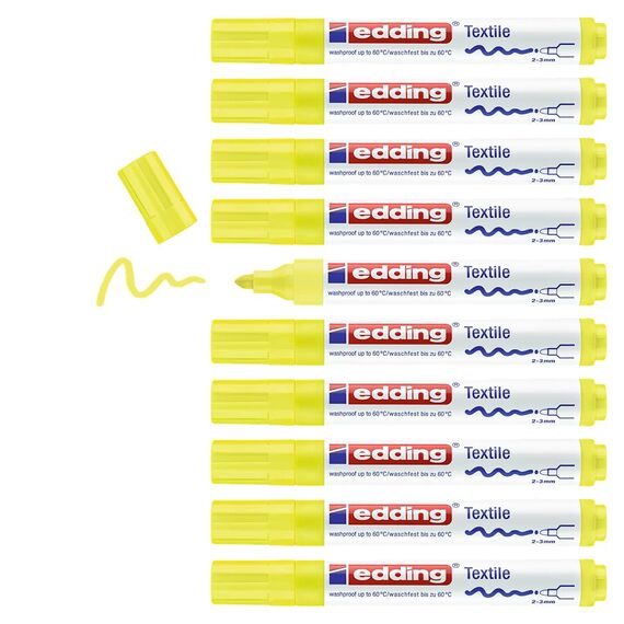 edding 4500 Textilmarker - neon-gelb - 10 Stück - Rundspitze 2-3 mm - Textilstifte waschmaschinenfest (60 °C) zum Stoff bemalen - Stoffmalstift