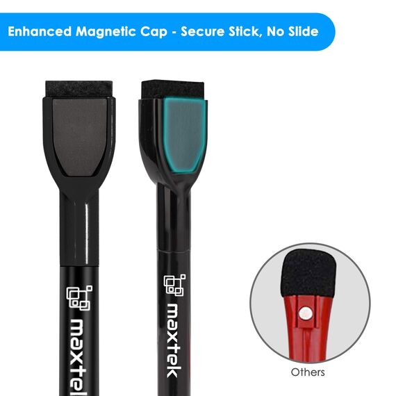 maxtek Magnetische Whiteboard Marker, 12 Schwarz Stifte Abwischbar mit Radiergummi, Feinspitze 1–2 mm Linienbreite, Folienstifte für Zuhause, Schule & Büro (12 Stück)