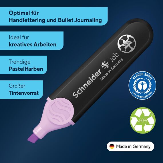 Schneider Job 150 Pastell Textmarker (aus recyceltem Kunststoff, ausgezeichnet mit Der blaue Engel) 6er Etui sortiert