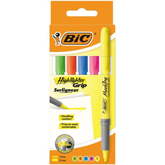 BIC Highlighter Grip, Textmarker, 5er Pack, in 5 verschiedenen Farben, mit Keilspitze, Strichstärke: 1.6 bis 3.3 mm, mit Austrocknungsschutz
