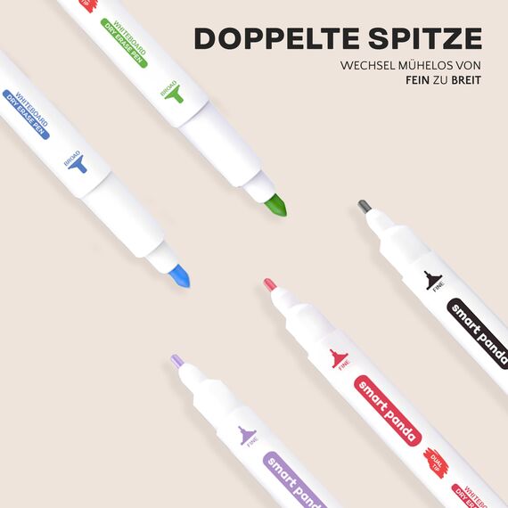 Whiteboard Marker von SmartPanda – Whiteboard Stifte, Folienstift Abwischbar - Doppelspitze, Medium und Fein – Abwischbare Stifte, non Permanent Marker, Whiteboardmarker – 5 Set