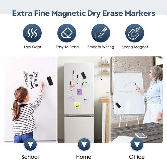 YISAN Magnetische Whiteboard Stifte,Whiteboard Marker Schwarz mit ultrafeiner Spitze,Abwischbar Stifte Dünn,0,7 mm Extra Feine mit Radiergummis Fine Point 12,70542