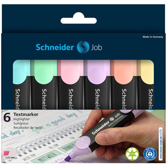 Schneider Job 150 Pastell Textmarker (aus recyceltem Kunststoff, ausgezeichnet mit Der blaue Engel) 6er Etui sortiert