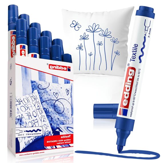 edding 4500 Textilmarker - blau - 10 Stück - Rundspitze 2-3 mm - Textilstifte waschmaschinenfest (60 °C) zum Stoff bemalen - Stoffmalstift