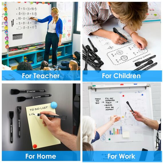 maxtek Magnetische Whiteboard Marker, 12 Schwarz Stifte Abwischbar mit Radiergummi, Feinspitze 1–2 mm Linienbreite, Folienstifte für Zuhause, Schule & Büro (12 Stück)