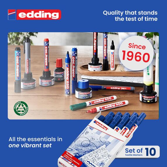 edding 4500 Textilmarker - blau - 10 Stück - Rundspitze 2-3 mm - Textilstifte waschmaschinenfest (60 °C) zum Stoff bemalen - Stoffmalstift