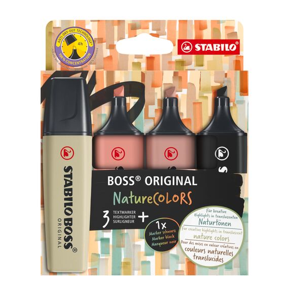STABILO - Textmarker - BOSS ORIGINAL NatureCOLORS - 4er Pack - schlammgrün, siena, umbra, schwarz