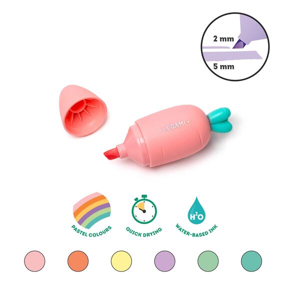 Legami HC0001 Set mit 6 Mini-Textmarker, Carrate Team, in Karotteform, Tinte auf Wasserbasis, für feine und dicke Striche, Pastellfarben, schnell trocknend