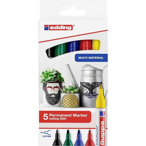 edding 3000 Permanentmarker - rot, blau, gün, gelb, schwarz - 5er Set - Rund-Spitze 1,5-3 mm - schnell trocknend, wasserfest, wischfest - für Karton, Kunststoff, Holz, Metall - Universalmarker