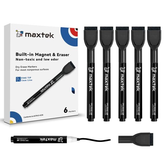 maxtek Whiteboard Stifte, 6 stücke-Schwarz Magnetische, Trocken Abwischbare Marker, Whiteboard Marker mit Feiner Spitze, Folienstift Abwischbar Geruchsarmer Erase Marker mit Radiergummi