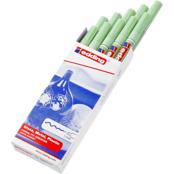 edding 751 Glanzlackmarker - pastell-grün - 10 Lackmarker - Rundspitze 1-2 mm - Lackstift für Glas, Stein, Holz, Kunststoff und Papier - wasserfest, stark deckend