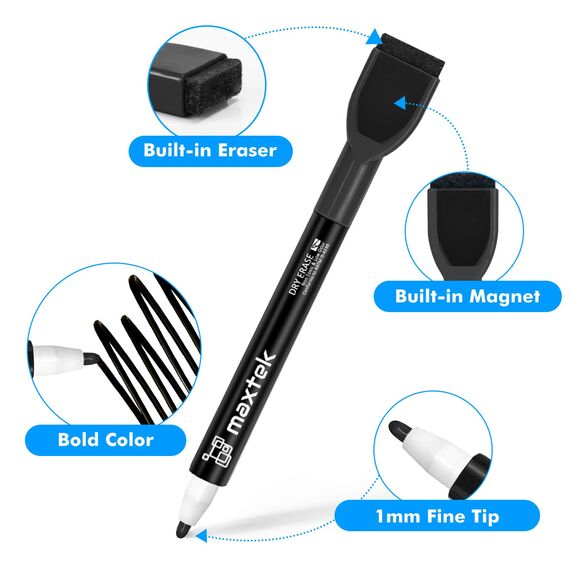 maxtek Whiteboard Stifte, 6 stücke-Schwarz Magnetische, Trocken Abwischbare Marker, Whiteboard Marker mit Feiner Spitze, Folienstift Abwischbar Geruchsarmer Erase Marker mit Radiergummi