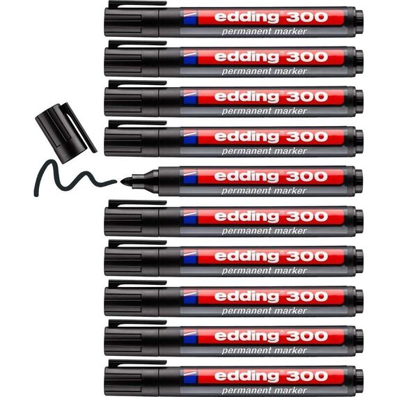 edding 300 Permanentmarker - schwarz - 10 Stifte - Rundspitze 1,5-3 mm - wasserfest, schnell-trocknend - wischfest - für Karton, Kunststoff, Glas, Holz, Metall, Glas