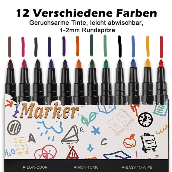 ABEIER Whiteboard Marker, schwamm Whiteboard stifte,Magnetisch Whiteboard Marker Schwamm mit Stiften, Trocken Abwischbar, Rundspitze 1-2mm, Perfekt für Zuhause Schule Büro12er Pack