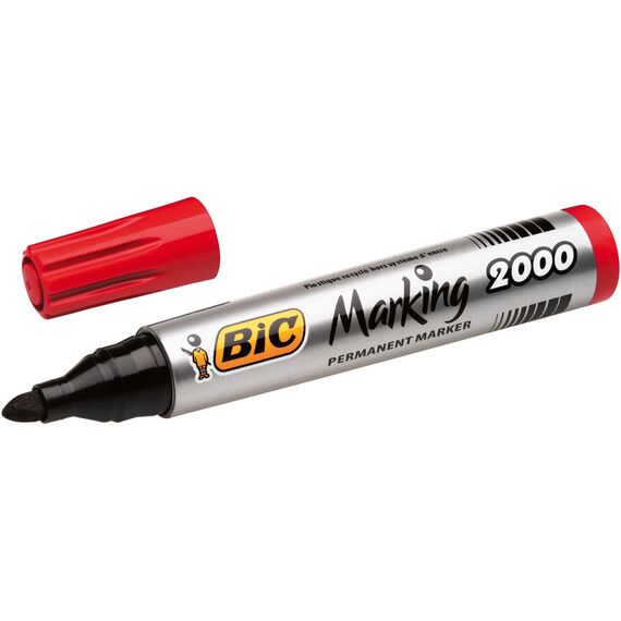 BIC Marking 2000 Permanent Marker, in Rot, 12er Pack, Wasserfester Stift auch für Karton, Plastik und Holz, mit Rundspitze, Strichstärke: 1,7 mm