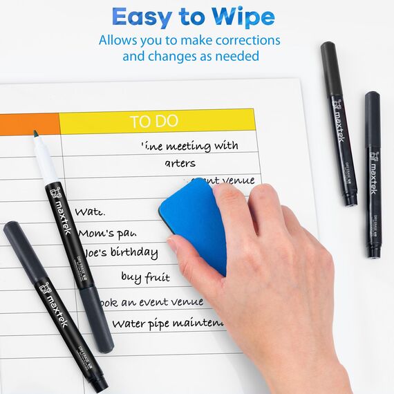maxtek 0,7 mm Whiteboard Stifte, 12 Schwarz Whiteboard Marker Dünn, Trockenwischer Folienstift Abwischbar, Folienstift Non Permanent mit Ultra Feiner Spitze