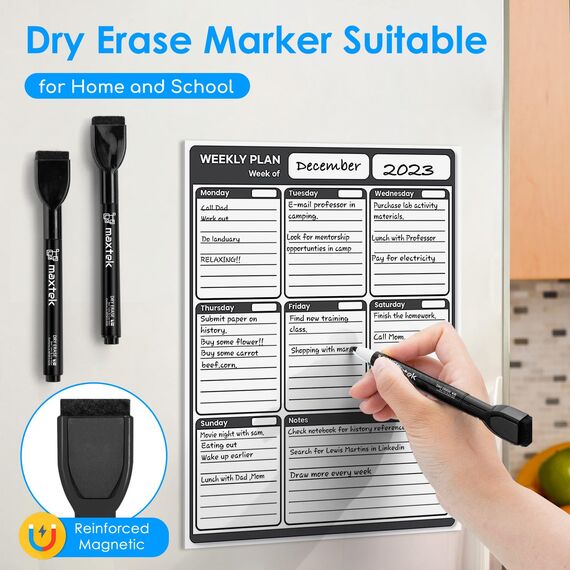 maxtek Magnetische Whiteboard Marker, 12 Schwarz Stifte Abwischbar mit Radiergummi, Feinspitze 1–2 mm Linienbreite, Folienstifte für Zuhause, Schule & Büro (12 Stück)