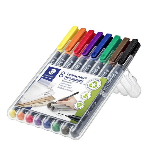 STAEDTLER permanenter Universalstift Lumocolor, wisch- und wasserfest, sekundenschnell trocken, nachfüllbar, F-Spitze - Linienbreite 0,6 mm, 8 Marker in sortierten Farben, 318 WP8