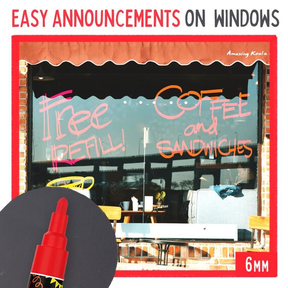 Chalkola Kreidestifte - Rot- 5 Kreide Markers Multipack - 1mm, 3mm, 6mm, 10mm, 15mm Spitze. Kreidestifte für Fenster, Tafel, Glas und mehr. Ideal für Erwachsene, Künstler, Lehrer und Kinder.