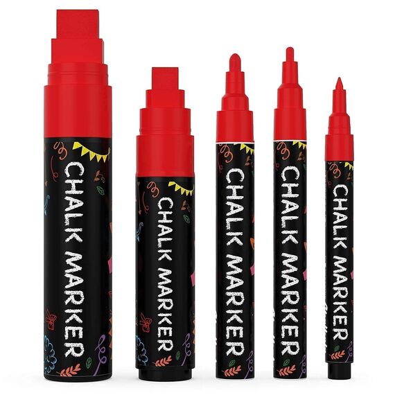 Chalkola Kreidestifte - Rot- 5 Kreide Markers Multipack - 1mm, 3mm, 6mm, 10mm, 15mm Spitze. Kreidestifte für Fenster, Tafel, Glas und mehr. Ideal für Erwachsene, Künstler, Lehrer und Kinder.