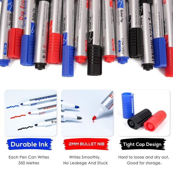 maxtek Whiteboard Marker, Whiteboard Stifte Abwischbar, Rundspitze ca.2-3mm Linienbreite, Set mit 3 Farben hohe Qualität Tinte, Zubehör für Schule, Büro, Zuhause (12 rot +12 blau + 12 schwarz)