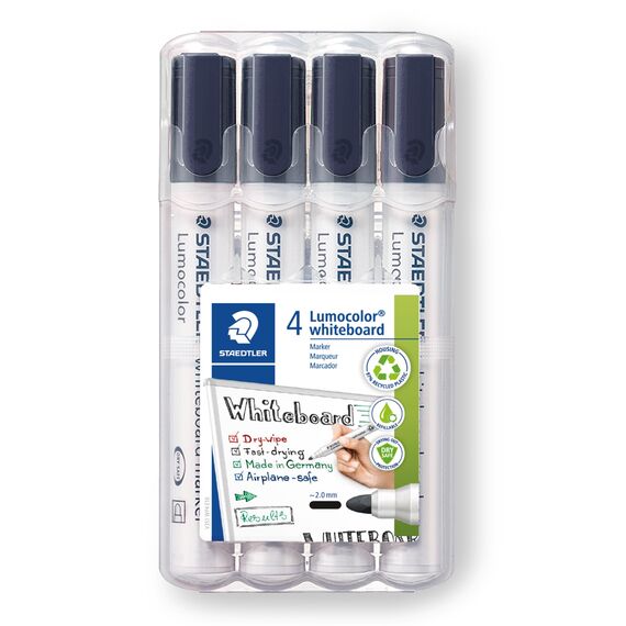 STAEDTLER Whiteboard Marker Lumocolor, Rundspitze ca. 2 mm Linienbreite, hohe Qualität, trocken und rückstandsfrei abwischbar von Whiteboards, Set mit 4 schwarzen Markern, 351 WP4-9X