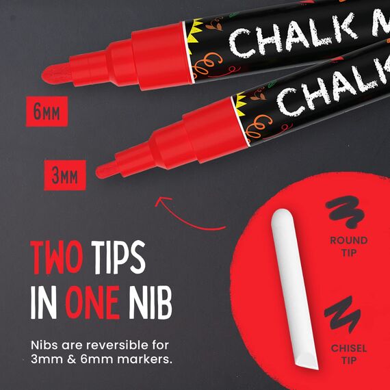Chalkola Kreidestifte - Rot- 5 Kreide Markers Multipack - 1mm, 3mm, 6mm, 10mm, 15mm Spitze. Kreidestifte für Fenster, Tafel, Glas und mehr. Ideal für Erwachsene, Künstler, Lehrer und Kinder.