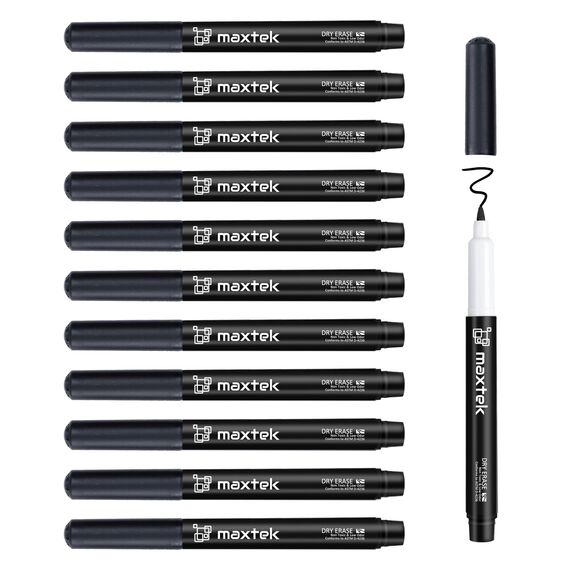 maxtek 0,7 mm Whiteboard Stifte, 12 Schwarz Whiteboard Marker Dünn, Trockenwischer Folienstift Abwischbar, Folienstift Non Permanent mit Ultra Feiner Spitze