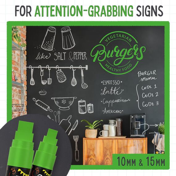 Chalkola Kreidestifte - Grün- 5 Kreide Markers Multipack - 1mm, 3mm, 6mm, 10mm, 15mm Spitze. Kreidestifte für Fenster, Tafel, Glas und mehr. Geeignet für Erwachsene, Künstler, Lehrer und Kinder.