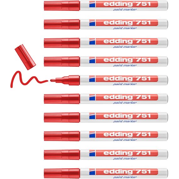 edding 751 Lackmarker - rot - 10 Stifte - Rundspitze 1-2 mm - Lackstift zur Markierung und Beschriftung von Metall, Glas, Stein oder Kunststoff - hitzebeständig, permanent, wisch- und wasserfest