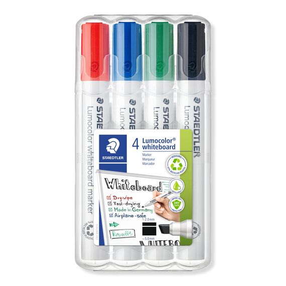 STAEDTLER Whiteboard Marker Lumocolor, trocken und rückstandsfrei abwischbar, Keilspitze ca. 2 oder 5 mm, hohe Qualität Made in Germany, Set mit 4 Farben, 351 B WP4