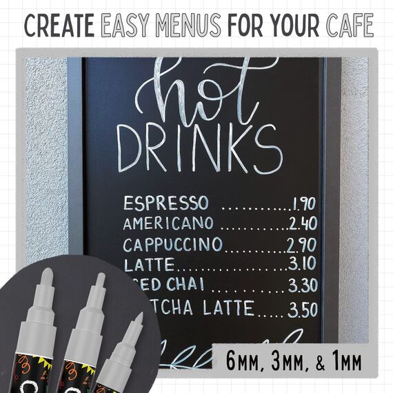 Chalkola Kreidestifte - Silber- 5 Kreide Markers Multipack - 1mm, 3mm, 6mm, 10mm, 15mm Spitze. Kreidestifte für Fenster, Tafel, Glas und mehr. Ideal für Erwachsene, Künstler, Lehrer und Kinder.