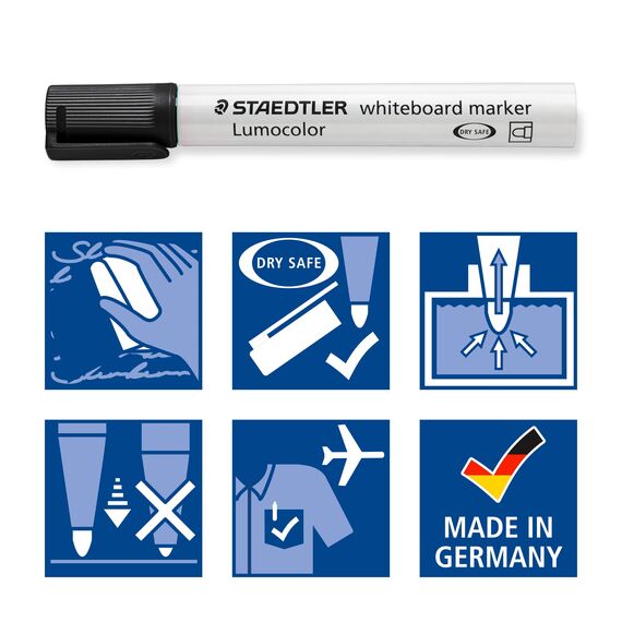 STAEDTLER Whiteboard Marker Lumocolor, Rundspitze ca. 2 mm Linienbreite, hohe Qualität, trocken und rückstandsfrei abwischbar von Whiteboards, Set mit 4 schwarzen Markern, 351 WP4-9X