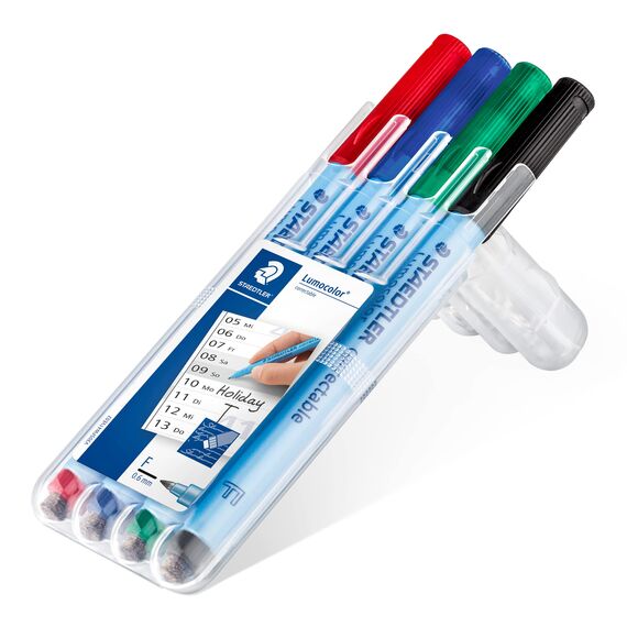 STAEDTLER Folienstift Lumocolor correctable, trocken korrigierbar, F-Spitze Linienbreite ca. 0.6 mm, hohe Qualität Made in Germany, Set mit 4 Farben, 305F WP4-1 , 4 Stück (1er Pack)
