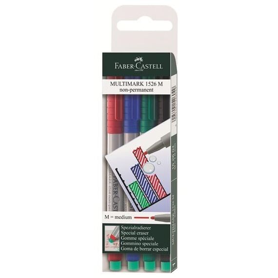 FABER-CASTELL 152604 - Marker Multimark, non-permanent, Stärke M, 4 Stück in Etui, je 1x rot, blau, grün, schwarz